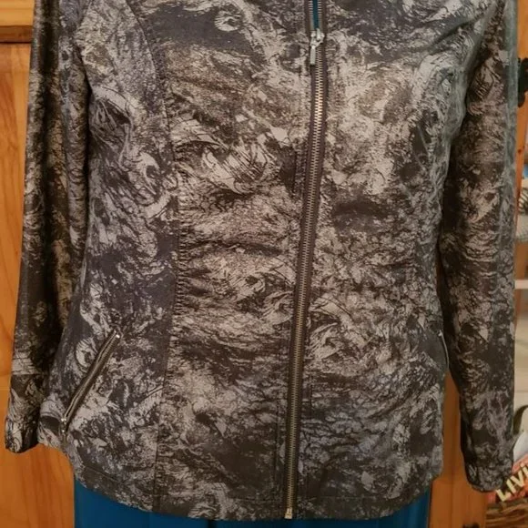Chico's SZ 2 (L) Women's Blazer Jacket Zip up Black Gray Camouflage Mar… - Picture 2 of 5